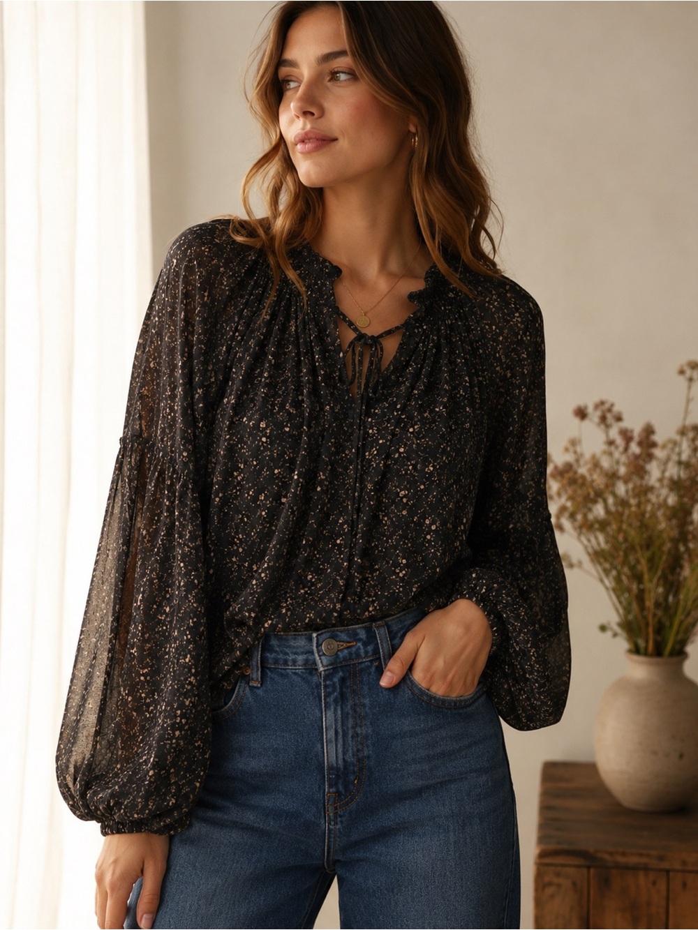 Blu Pepper Black Floral Boho Peasant Blouse Cottagecore Balloon Sleeve M